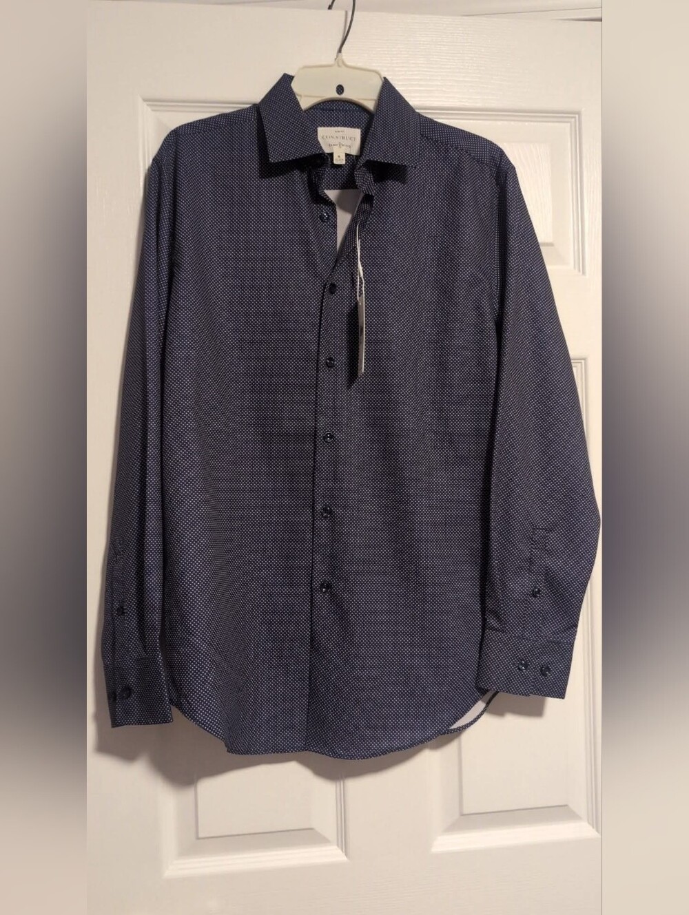 Construct Men's Navy Blue Polka Dot Long Sleeve Button Down Dress Shirt